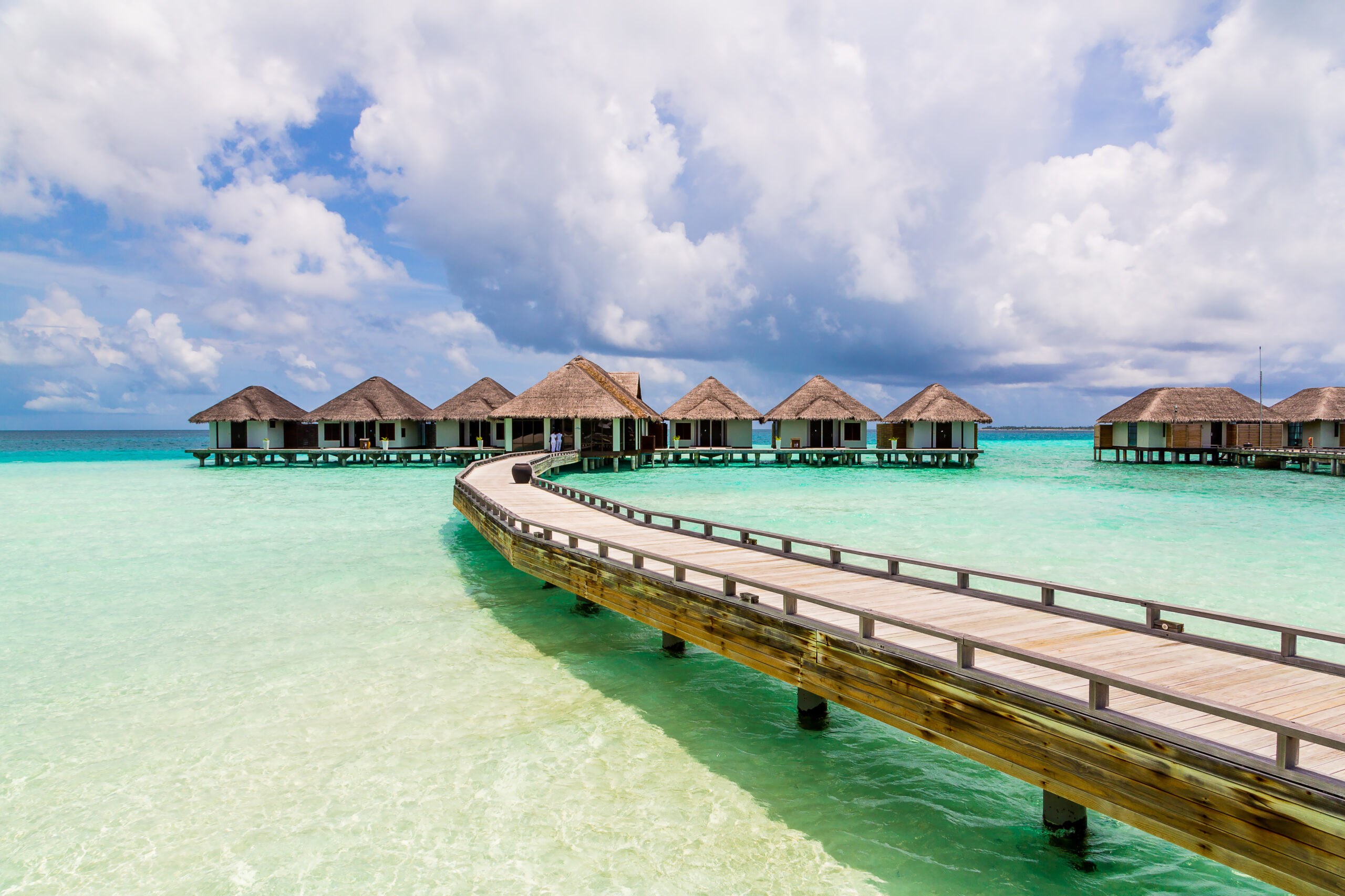 The beautiful overwater bungalows on the ocean in the Maldives Island